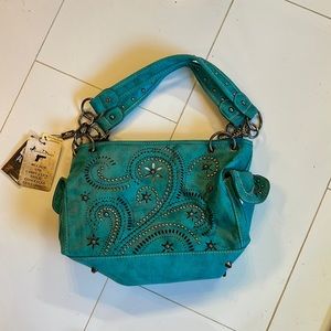 Montana West Leather Hand Bag, Turquoise, with Hand Gun Conceler